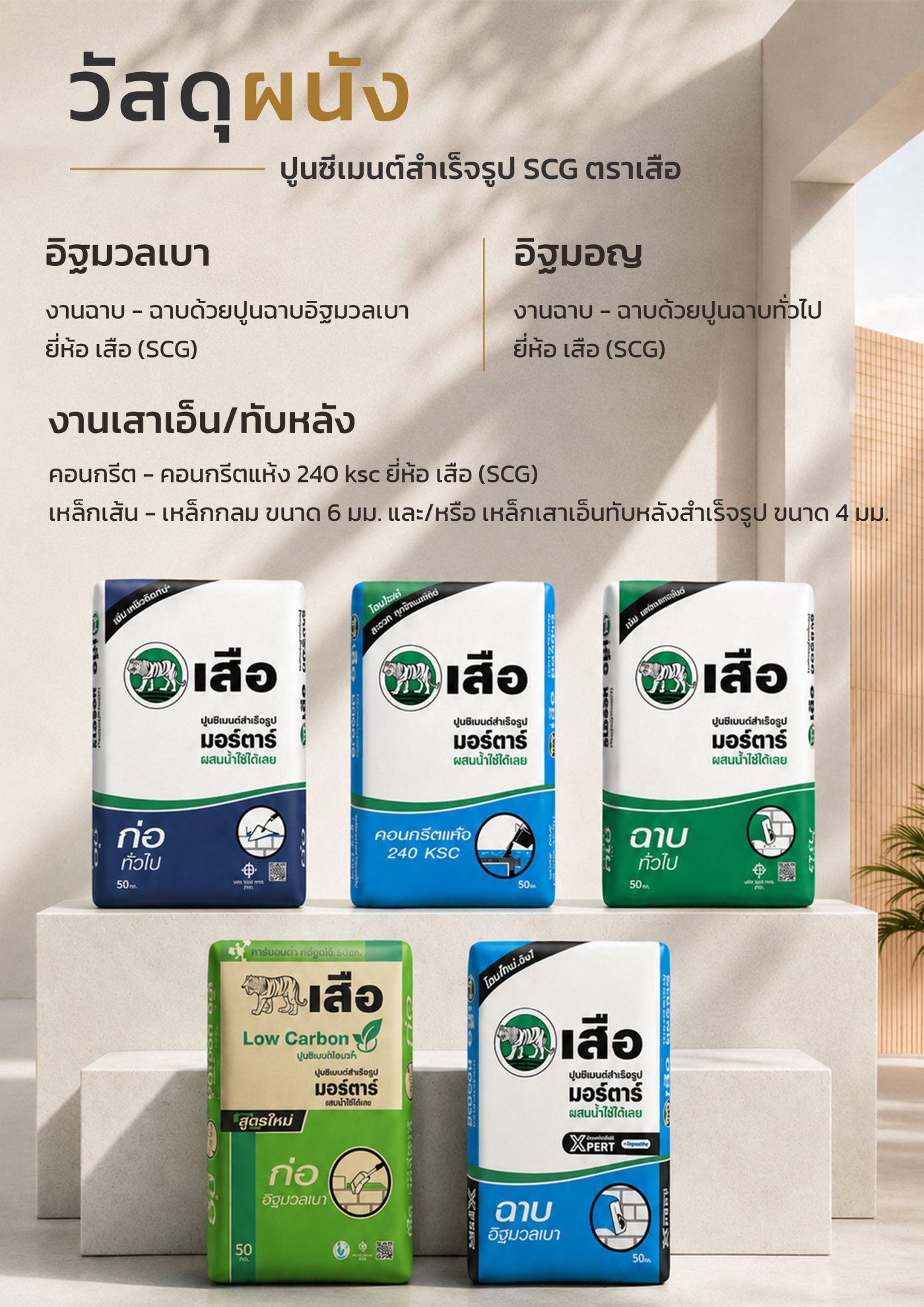 วัสดุผนัง(ปูนซีเมนต์สำเร็จรูป SCG ตราเสือ)